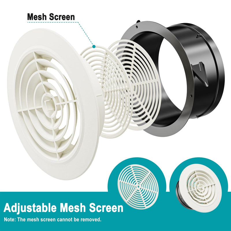 HG POWER 6 Inch Soffit Vent，Round Air Vent Cover with Louver, ABS Adjustable Ceiling Vent Covers for Living Room, Bathroom, Kitchen, Greenhouse, Ventilation System, White - Opening Size 5.75"