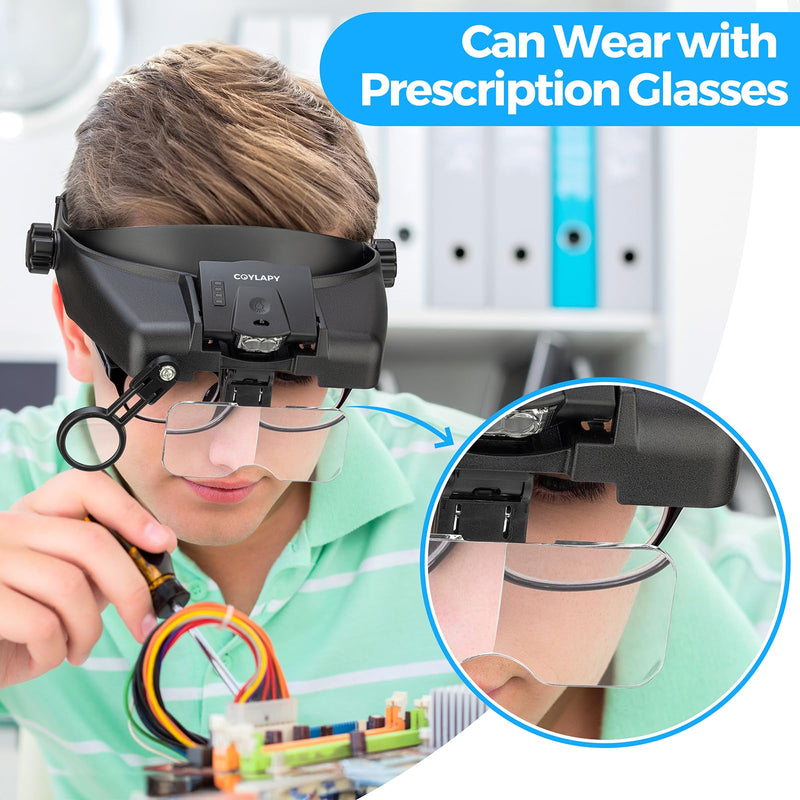 Magnifying Glasses with Light, Versatile Magnifying Glasses for Close Work, 1x - 14x Headband Magnifier with 5 Lenses & Two Led Lamps, Hands-Free Jewelers Loupe Visor for Hobby, Crafts Black