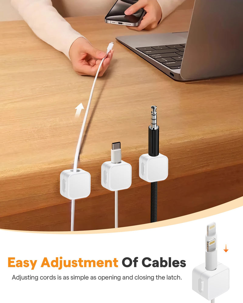 6 Pack Magnetic Cable Clips+2 Sheets (20 Lables) Cute Self-Adhesive Sticker Lables, 11.5mm Ultra Slim Smooth Adjustable Cord Holder, Under Desk Cable Management for Home/Office/Kitchen/Nightstand White