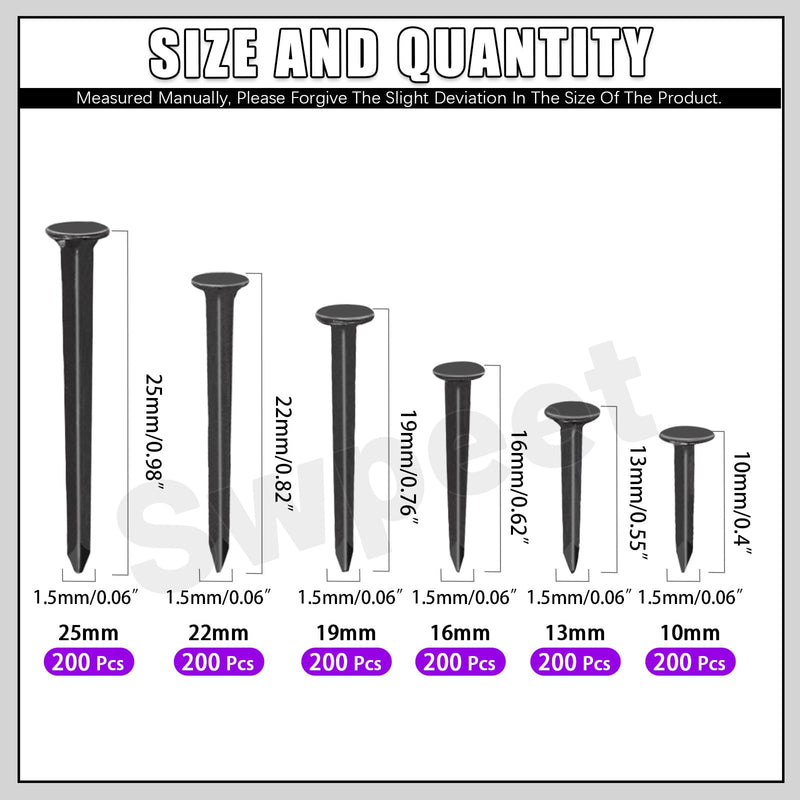 Swpeet 1200Pcs 6 Sizes 10mm/13mm/16mm/19mm/22mm/25mm Metal Nails Tacks Assortment Kit, Non-Slip Shoe Tacks Metal Hardware Nails Studs for Shoes Boots Leather Heels Soles Repairs Replacement