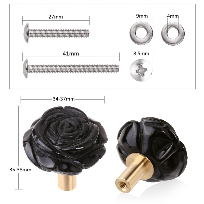 TUMBEELLUWA Set of 2 Carved Rose Flower Crystal Stone Cabinet Knobs with Screws, Natural Black Obsidian Floral Hardware Handles Pulls for Dresser Cupboard Kitchen Decor Black Obsidian-2PCS