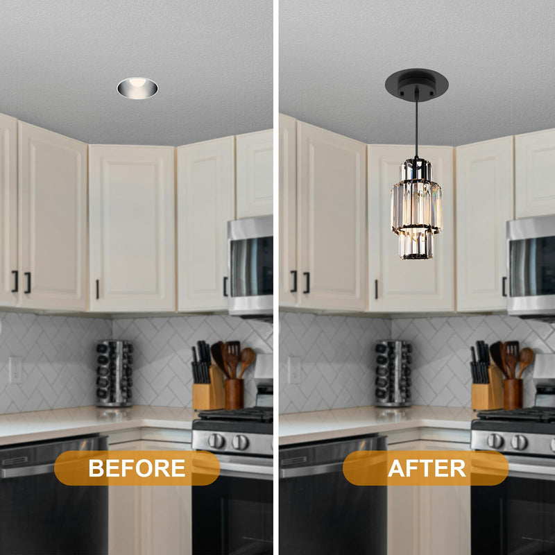R5 and 6 Recessed Can Light Conversion Kit, Ceiling Light Fixture Upgrade, Pendant & Hanging Light, Ceiling Fan Compatible, 7¾ Inch Flat Steel Ceiling Medallion, Black Finish black-1pc