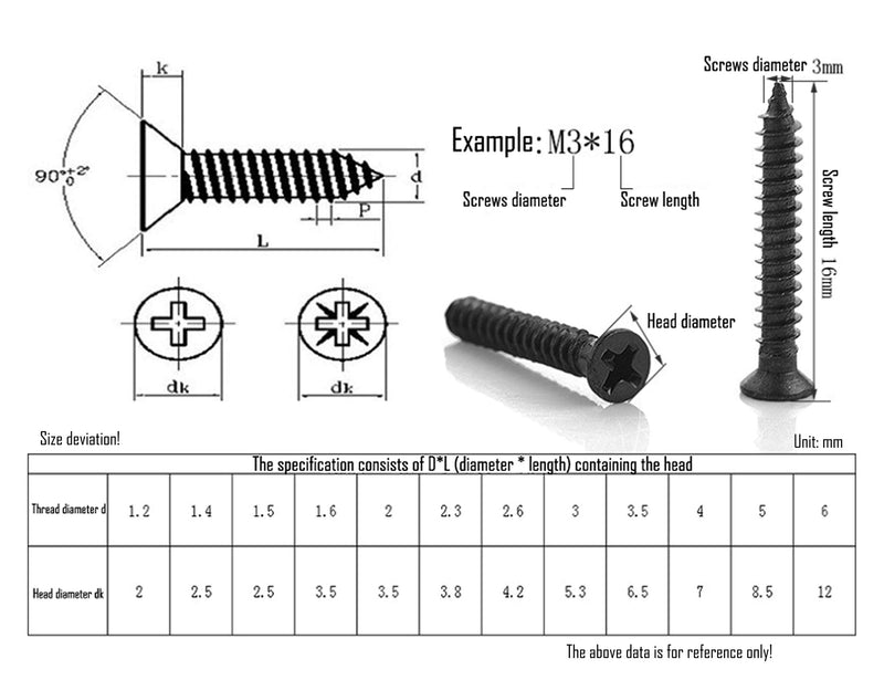 LBY 900pcs M1.7 M2 M2.3 x 5mm / 8mm/ 12mm Flat Head Self-Tapping Sheetmetal Screw Assortment Kit Mini Wood Screws 9 Sizes Combination Carbon Steel Black