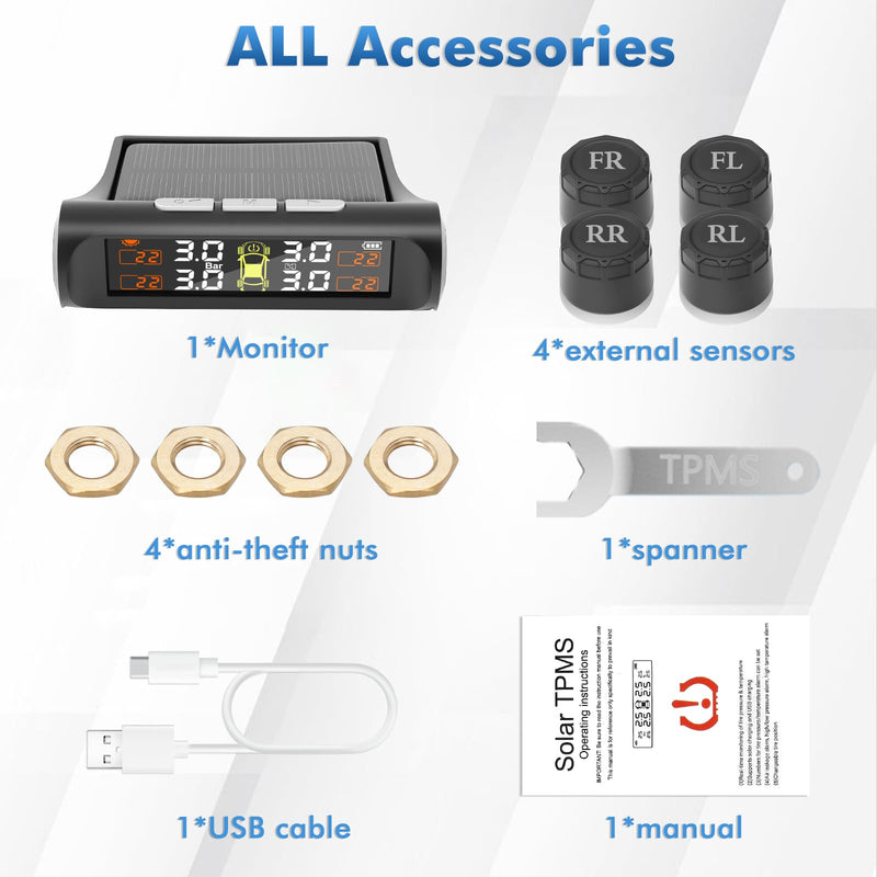Tire Pressure Monitoring System with Solar Charge,TPMS Tire Pressure Monitor System with 4 External sensors & 5 Alarm Modes, Real Time Monitoring Pressure & Temperature,Suitable for 4 Wheeled Vehicles