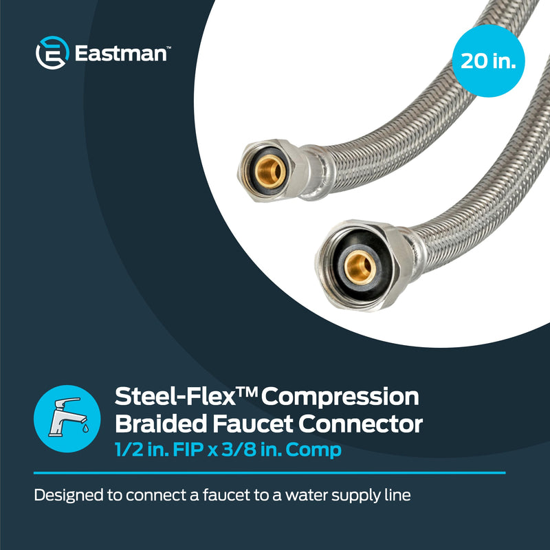 Eastman 20 inch Steel-Flex Braided Faucet Connector, 1/2 Inch FIP x 3/8 Inch Compression, Stainless Steel Faucet Supply Line, 48005N 20 in.