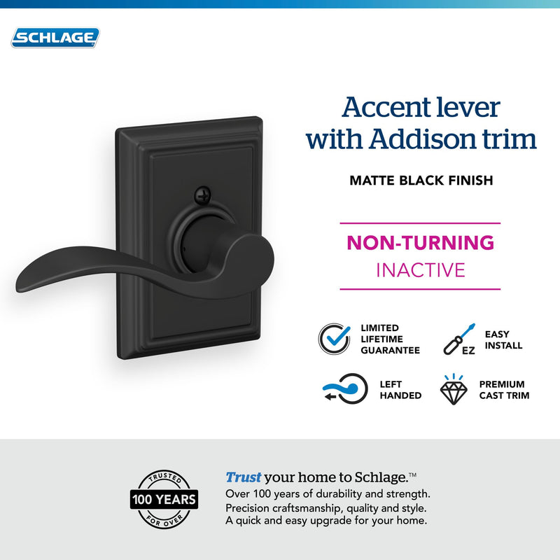 SCHLAGE Accent Lever with Addison Trim Non-Turning Lock in Matte Black - Left Handed - F170 ACC 622 ADD LH One Sided Non Turning LH