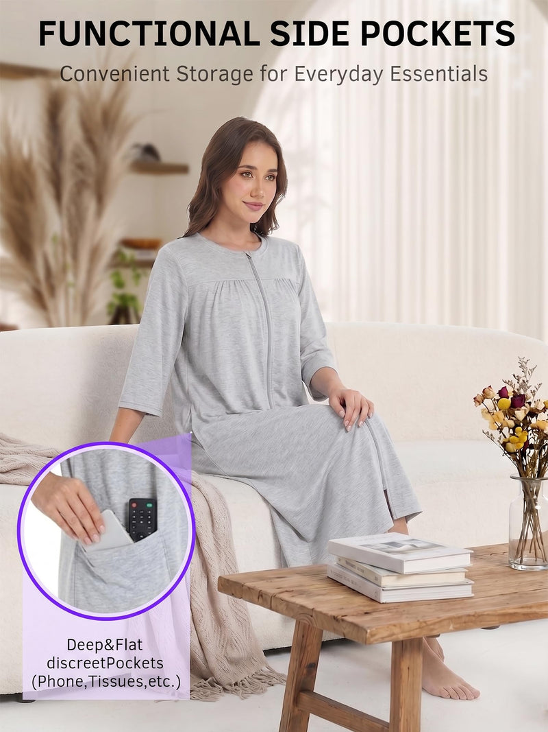 Mastectomy Recovery Robe for Women, Front Zip Post Surgery Gown with 4 Drain Pockets for Breast Recovery XX-Large Grey