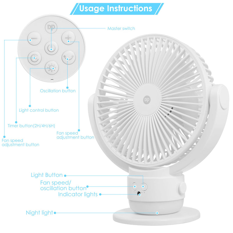 OGZ Portable Fan for Travel Wireless with Remote Timer, 7 Inch Small Desk Fan with LED Night Light 90° Oscillation, Rechargeable USB Fan for Cruise Bed Beside Sleeping Camping Tent White