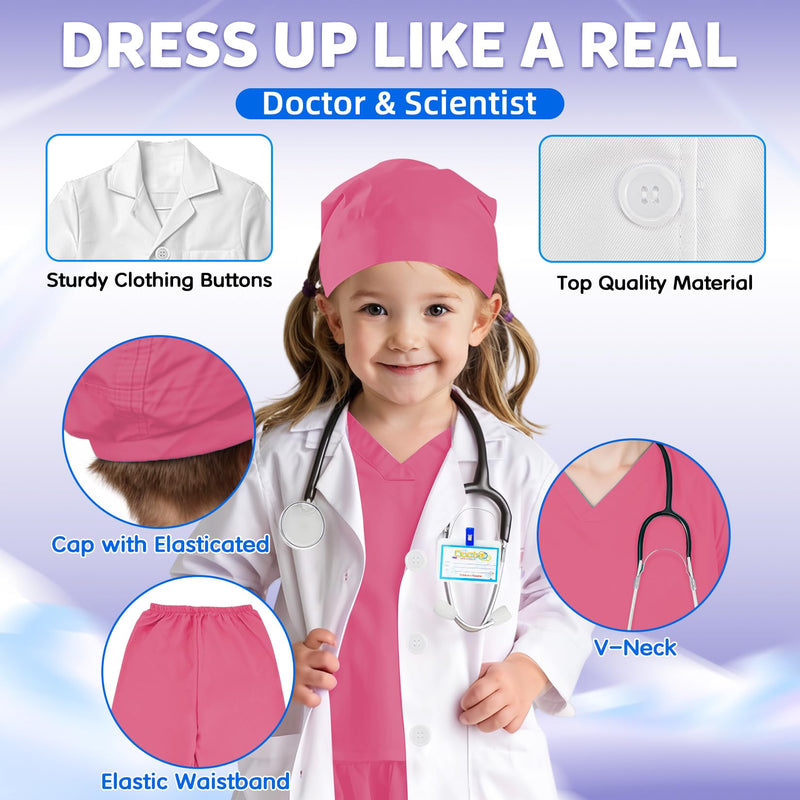 RioRand Doctor Costume for Kids With Stethoscope Lab Coat Career Day Costume Halloween Dress Up For Boys Girls 3-12 XXL-150/9-10Y Pink