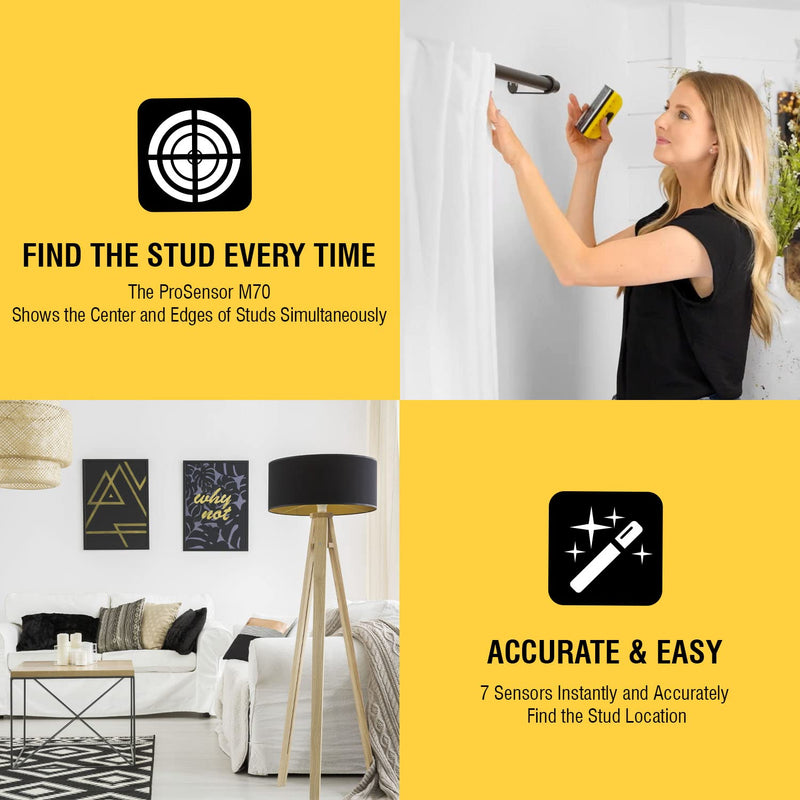 Franklin Sensors ProSensor M70 Stud Finder with 7-Sensors, Wood & Metal Stud Detector/Wall Scanner, Made in The USA Yellow