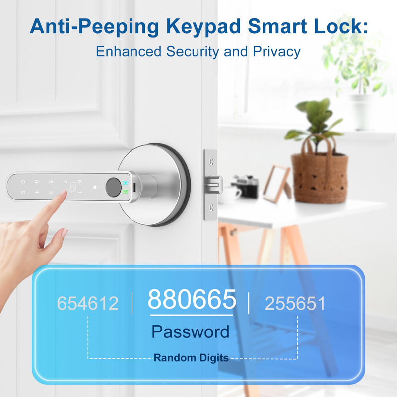 Fingerprint Door Lock Smart Fingerprint Door Knob with Keyless Entry Biometric Door Lock with Keypad App Control Easy Installation for Home Bedroom Office(Silver) Silver