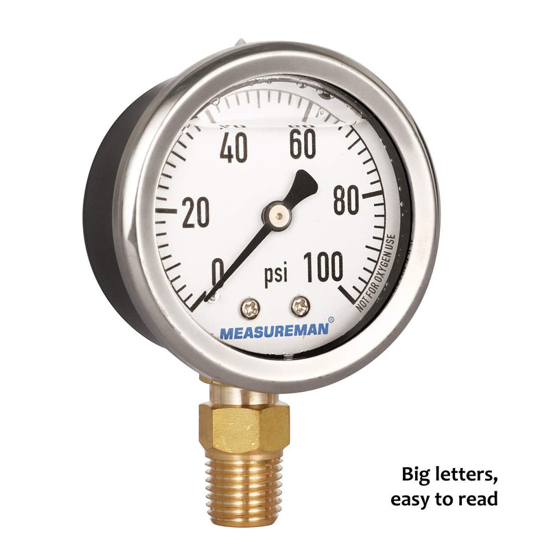MEASUREMAN 2" Dial Size, Glycerin Filled Plumbing Pressure Gauge, 0-100psi, Black Steel Case, 1/4" NPT Lower Mount 0-100 psi Lower Mount Single Scale