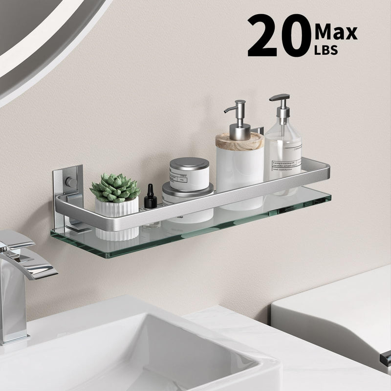 Danpoo Clear Tempered Glass Wall Shelf, Wall-Mounted Organizer for Bathroom, Kitchen(Matte Silver) Single Shelf