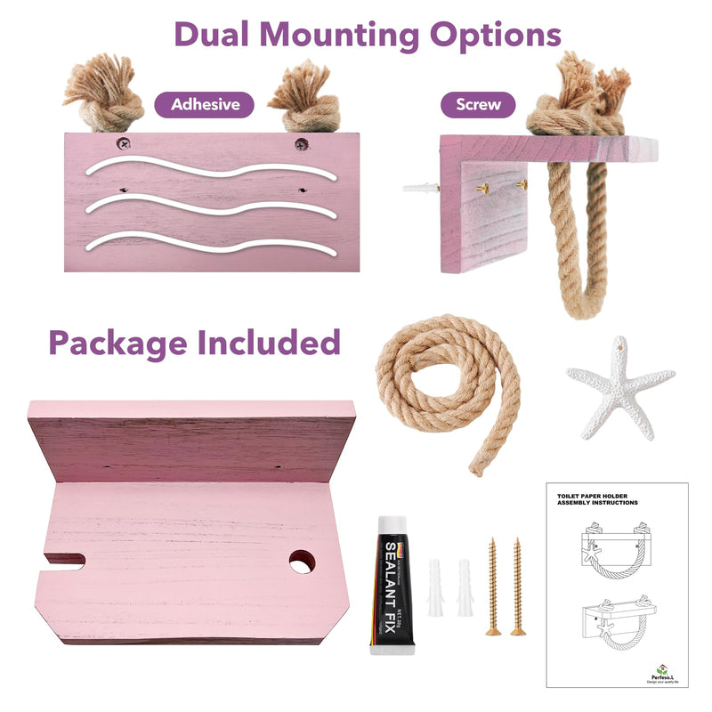Mermaid Toilet Paper Holder - Pink Beach Coastal Rope Bathroom Decor with Starfish Wall Mount, Farmhouse Tissue Holder with Wood Shelf, Rustic Towel Rack Bathroom Accessories