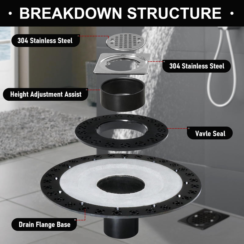 Shower Drain Kit 2 Inch Integrated Shower Flange Kit | Compatible with Schluter Systems Kerdi Drain, ABS Shower Drain Base Flange, 304 Stainless Steel, 4'' Drain Grate