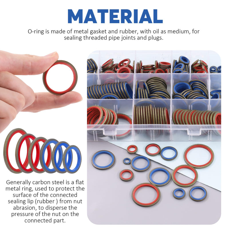 Glarks 145Pcs Sealing Gasket Kit NBR Metric Metal Oil Drain Plug Gasket Assortment Kit Bonded Seal Washer Combination Oil Sealing O-Ring Fit 12 Sizes M6 M8 M10 M12 M14 M16 M18 M20 M22 M24 M27 M30