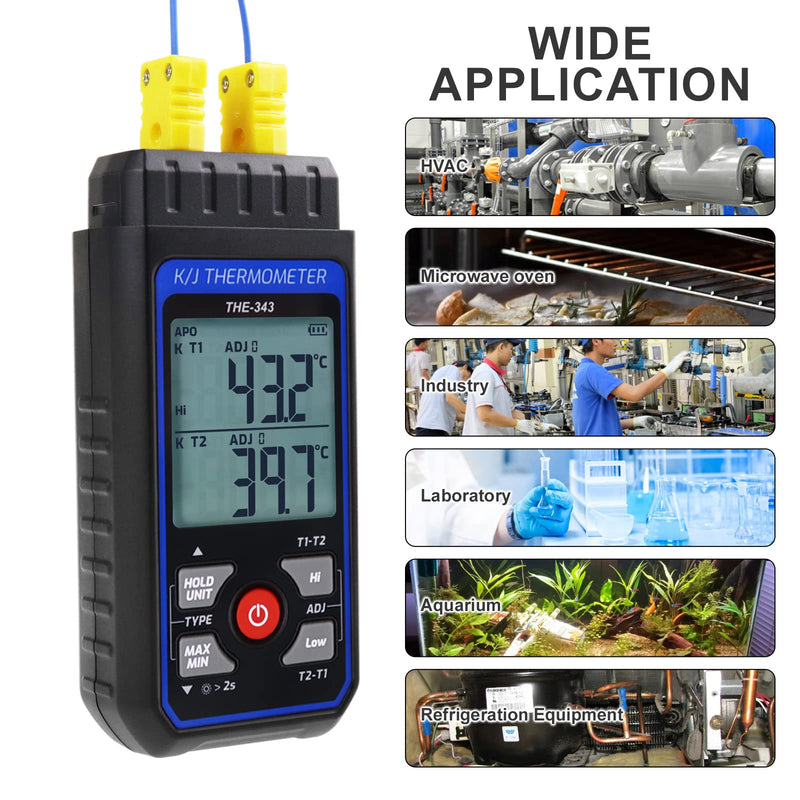 Thermocouple Thermometer Digital K Type Thermometer with 4 Thermocouples, -328~2500℉ Measuring Range HVAC Thermometer Dual Channels Temperature Meter Gauge with LED Backlight & ADJ Compensation 2 Channels Thermometer