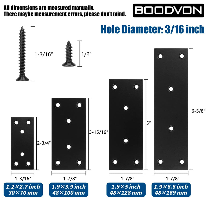 Mending Plate, Metal Steel Flat Straight Brace Bracket, Black Double-Wide Joining Plate for Wood Furniture Fastening & Fixing with 2 Sets of Screws of Different Lengths(48x128mm, 2 Pack) 1.9"×5"/48x128mm