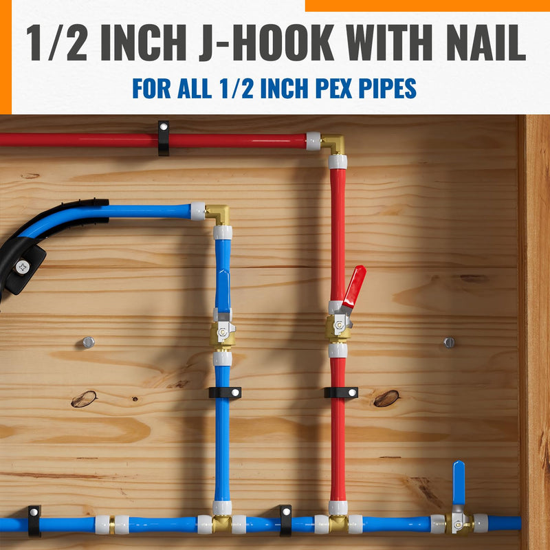 (60 Pack) SUNGATOR 1/2 Inch Pex J-Hook with Nails, Black Half Clamps, 1/2" J Clamps for Pex Pipe Support, 1/2" J-Hook Pipe Hanger Suitable for Wall Mount Pipe Tubing Fixture 60