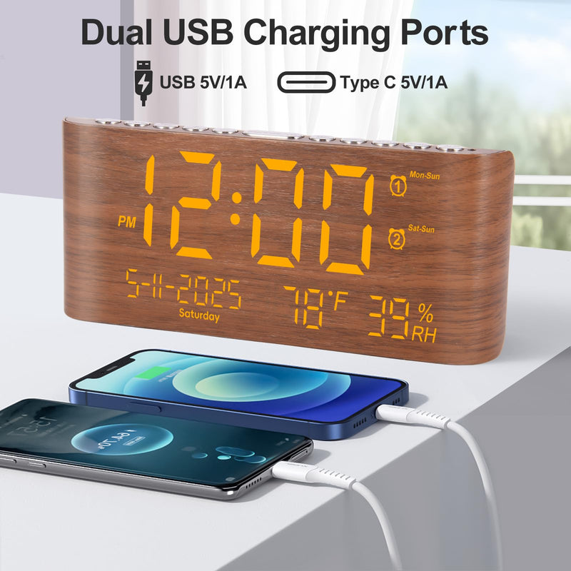 PPLEE 8.7inch Digital Alarm Clock for Bedroom-Digital Clock with Day of Week Month Year Humidity & Temperature Brightness Snooze 2 Alarm Clock & 2 USB Charger Desk Clock for Heavy Sleeper