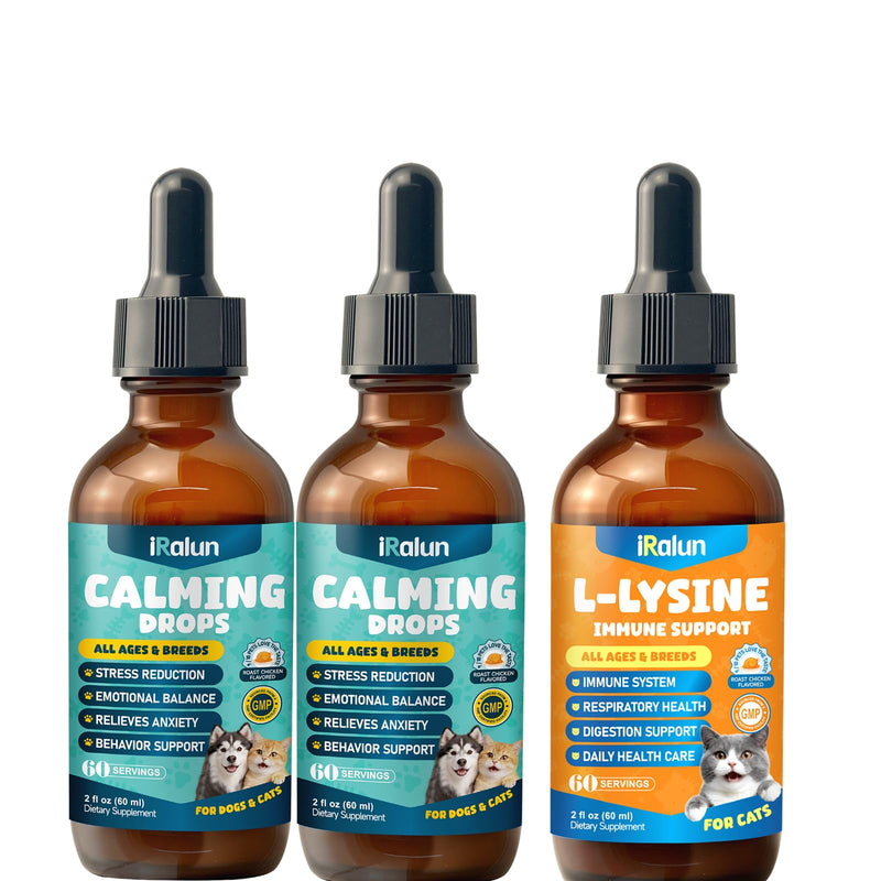 2 Pack Calming Drops for Dogs & Cats - Cat Calming Treats for Anxiety Relief, Relaxation, Sleep Aid + L-Lysine Supplement for Cats - Immune Support Lysine Drops of All Ages
