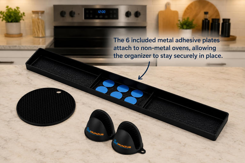 3 Piece Set:Oven Rack Organizer,Heat Resistant Trivet Mat,and Silicone Oven Mitt.The mitt ensures Safe handling of hot Dishes. Practical,Essential for Every Kitchen.Spice Rack,BPA Free