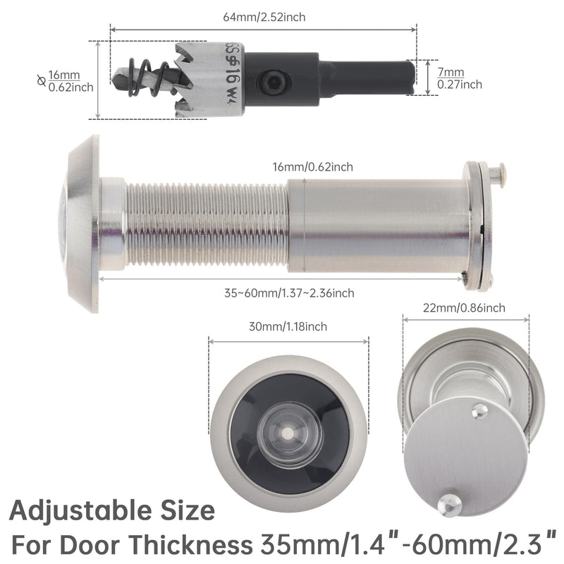 Door Viewer Peephole,Solid Brass 200 Degree Peep Hole with 16 MM Drill Bit for 1-1/2" to 2-3/8" Doors,5/8 Inch Pipe Diameter Door Eye Viewer with Privacy Cover (1, Brushed Nickel)