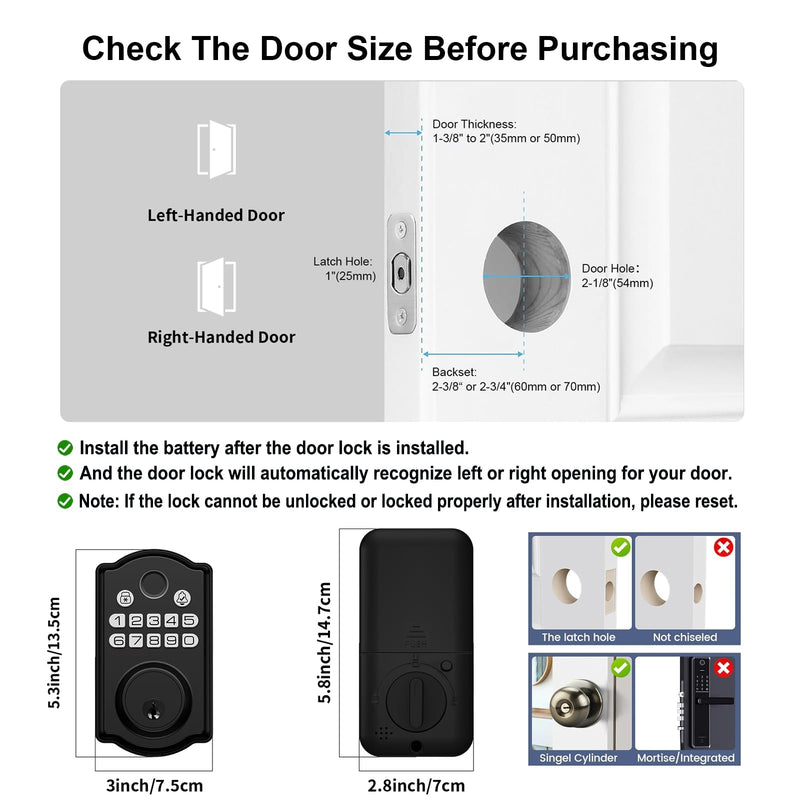 Keyless Entry Door Lock - Fingerprint Door Locks with App Control - Smart Deadbolt for Front Doors - Biometric Security, Auto-Lock&One-Touch-Lock, IP54 Waterproof, Easy Install Fingerprint Door Lock