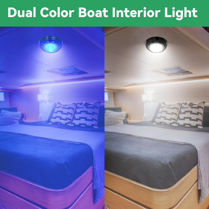 Marine Boat Dome Light Dual Color 7" 12V LED Boat Cabin Light With Toggle Switch, Super Brightness Boat Interior Lights with Stainless Steel Surface Mount (White/Blue) White/Cool Blue