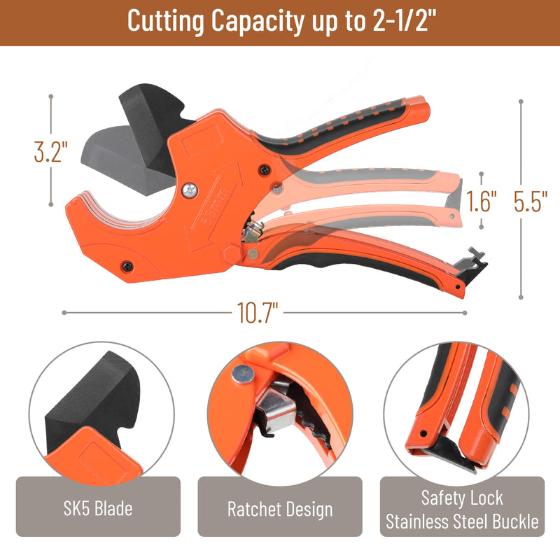 Bates- PVC Pipe Cutter, Cuts up to 2-1/2", Orange Ratcheting PVC Pipe Cutter Tool, Pipe Cutters PVC Pipe Shears, Plastic Pipe Cutter, PEX Pipe Cutter, PVC Cutter Tool, PVC Ratchet Cutter