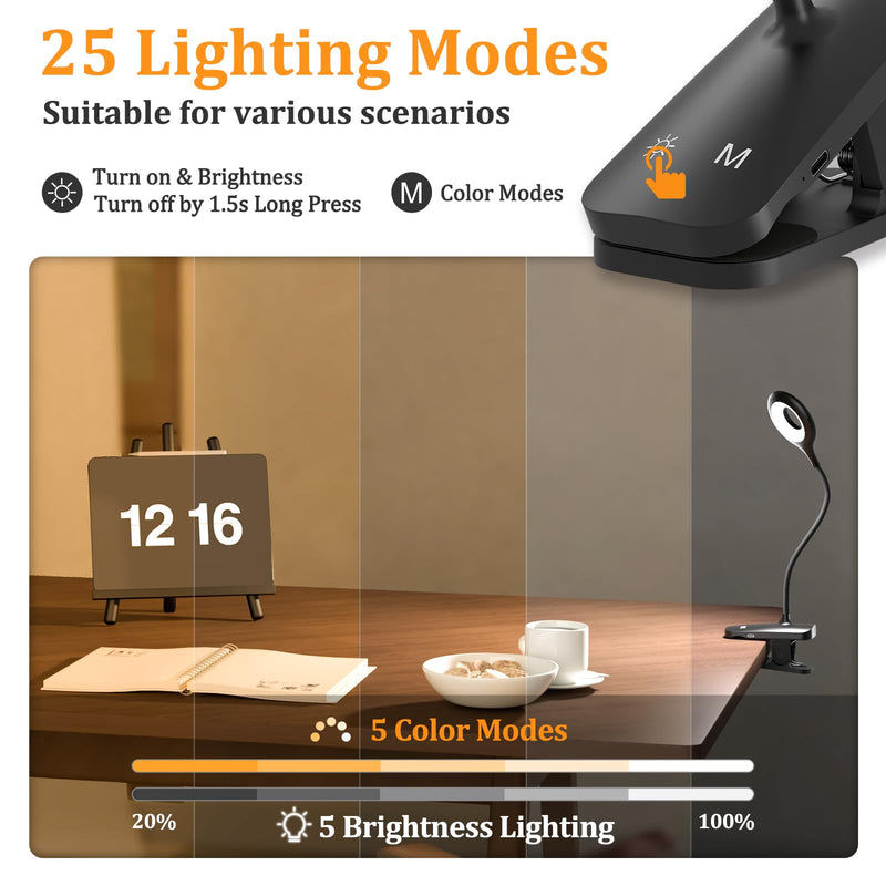 Clip on Light Rechargeable with Large Clamp, Battery Operated Bed Headboard Reading Lamp - 5 Colors 5 Brightness, Flexible Arm Book Light at Night for Kids Desk Bunk Metal Bed Frame (Black) 1Pack Black