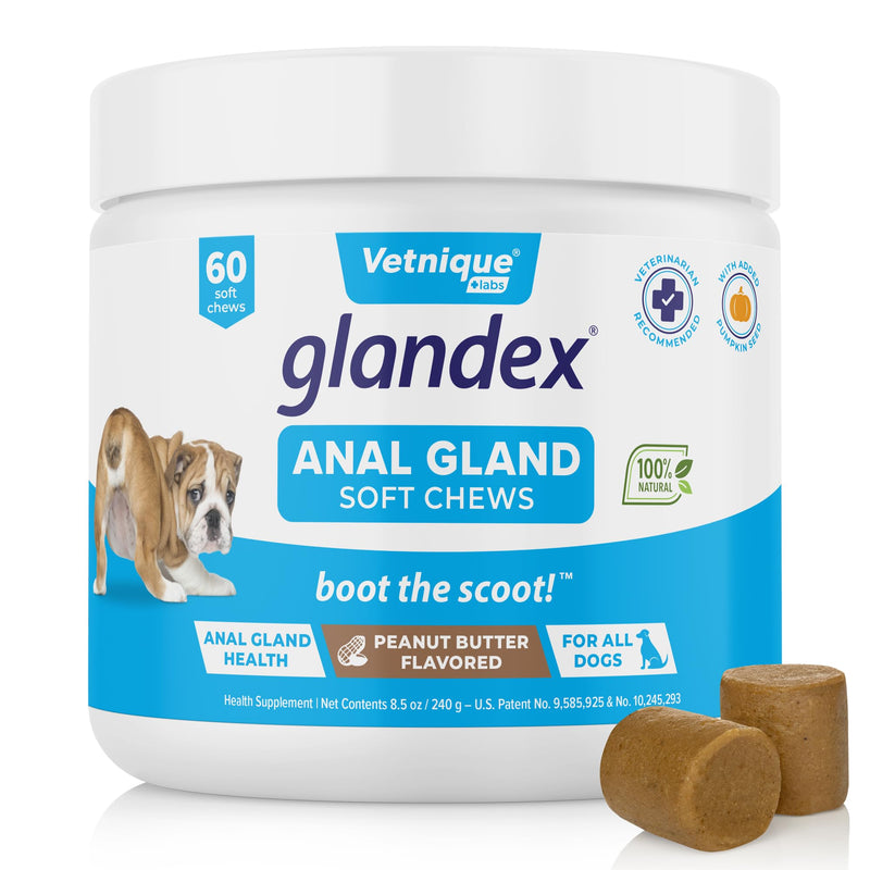 Vetnique Labs Ulti-Mutt Glandex for Dogs with Glandex Bacon Prebiotic & Probiotic Supplement Chews 60 Ct, Glandex Peanut Butter Anal Gland Support Chews 60 Count, Anal Gland Hygienic Pet Wipes 100 Ct