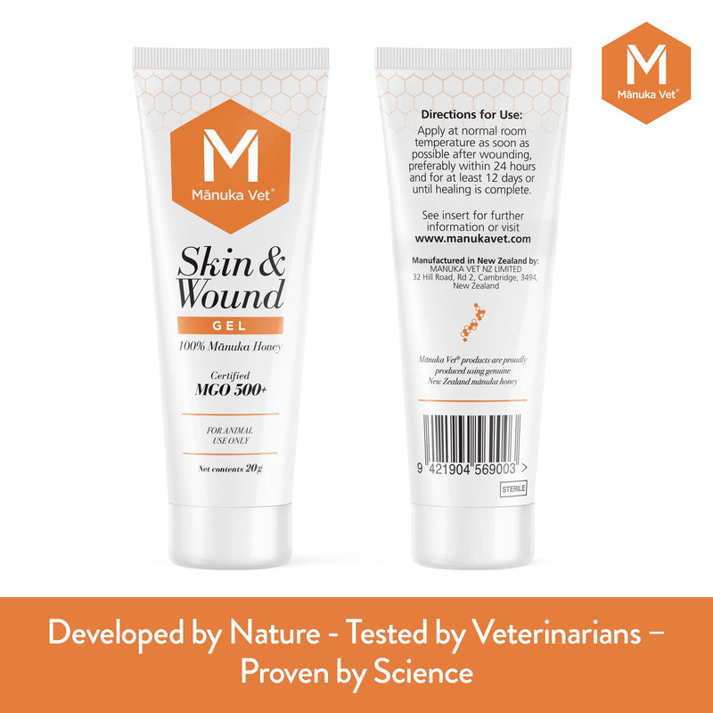 Manuka Vet Skin & Wound Gel, 500+ MGO Medical Grade Manuka Honey, Rapid Healing & Skin Repair Treatment for Dogs, Horses and Cats, 0.71oz (20g) Tube Small Tube 0.71 oz - PawsPlanet Australia