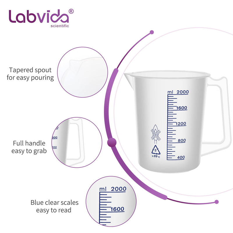 Plastic Beakers with Handle,Vol.2000ml(67.64oz) Measuring Cup with Blue Scale Line, Plastic Pitcher PP material Ideal for Science Activities and Household Use, LVB021 2000ml