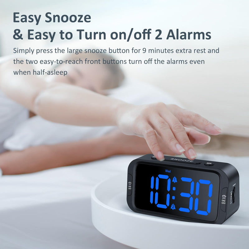Digital Dual Alarm Clock for Bedroom, Easy to Set, 0-100% Dimmer, USB Charger, 5 Sounds Adjustable Volume, Weekday/Weekend Mode, Snooze, 12/24Hr, Battery Backup, Compact for Bedside(Blue) Black - Blue Led