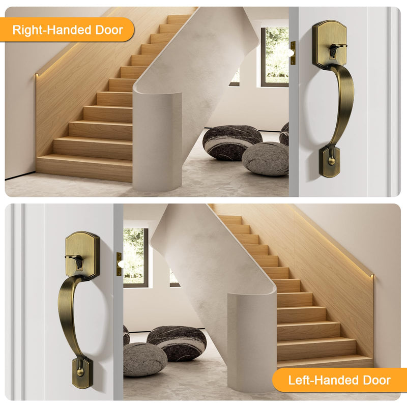 Probrico Antique Brass Lower Half Front Entry Handleset, Heavy Duty Entry Door Handle with Interior Reversible Handed Lever, Lock Grip Handle with Wave Lever Keyless Door Locks, 1Pack 1