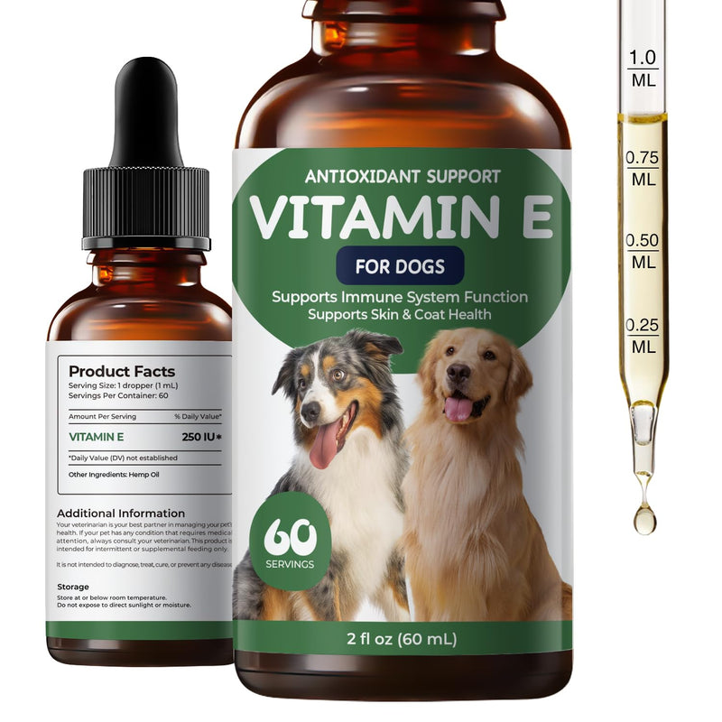 Vitamin E Supplement for Dogs Liquid, Daily Skin & Coat Nutrition Oil, Supports Moisture Balance, Cellular Protection & Overall Canine Wellness, 2 fl oz (60 mL)