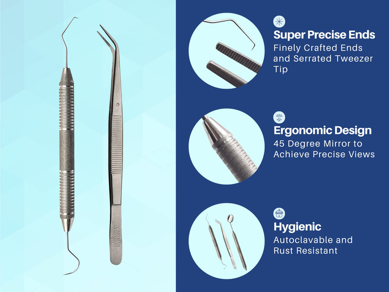 Dental Examination Set Mirror Probe Tweezers with Slip Resistant Surface | Dental Tools Dental Pick Oral Care Kit & Pet Oral Care Use | Stainless Steel Dental Hygiene Kit Set ARTMAN Brand 3