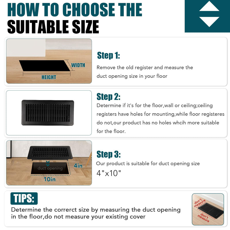 VOISEN Floor Register, 4" x 10" Floor Vents, Steel Adjustable Air Supply Grille Register Vent Cover Grill for Sidewall and Floor(Black) 4"x10"-1 Pack Black