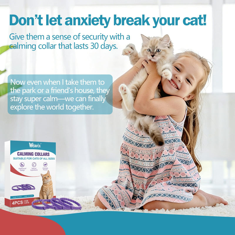 Cat Calming Collar (4-Pack) with Pheromone & Lavender, Relieves Anxiety & Stress, 30 Days Lasting Mood Relief, Adjustable Waterproof Collar for Kittens and Adult Cats L1