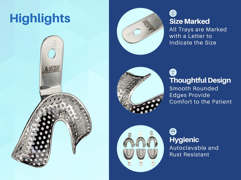 Edentulous Jaw Impression Trays Set of 6 Perforated Stainless Steel ARTMAN Brand