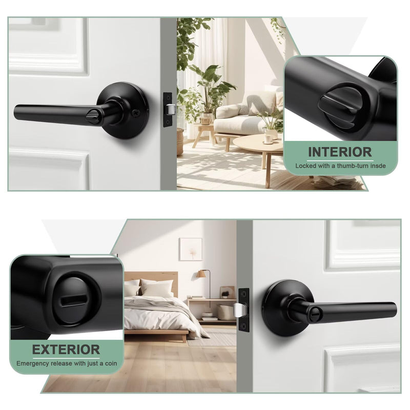 GOBEKOR 2 Pack Matte Black Door Handles Privacy Door Levers with Lock,Heavy Duty Interior Door Handles for Bedroom and Bathroom,Sleek Round Door Levers with No Key Privacy Door Handle