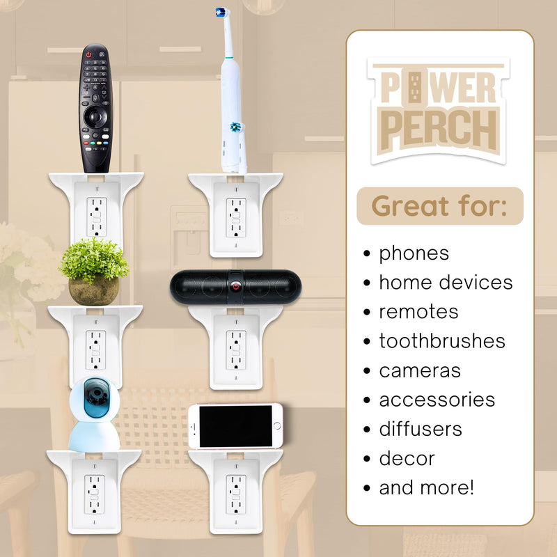 Power Perch Wall Outlet Shelf – Transform Your Outlet into a Space-Saving Display! Perfect for Alexa, Electric Toothbrush & More – Sturdy Light Socket Shelf by Storage Theory - 1 Pack, White