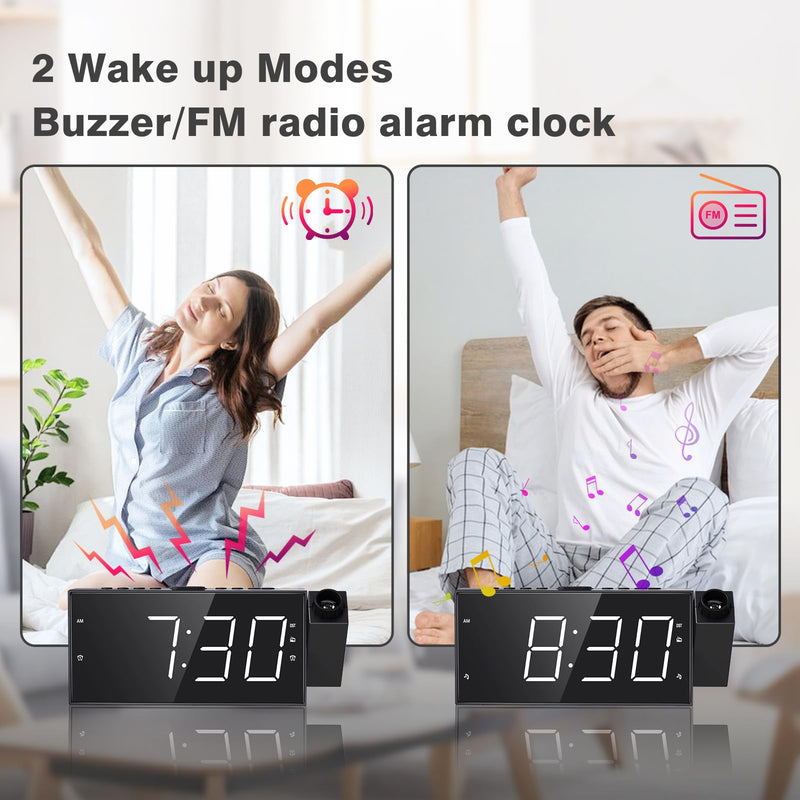Mesqool Projection Alarm Clock with FM Radio,Large Number Display & Dimmer,USB Charger,Sleep Timer,Battery Backup,Dual Alarms,Clock Radio for Bedroom Heavy Sleepers White Digits