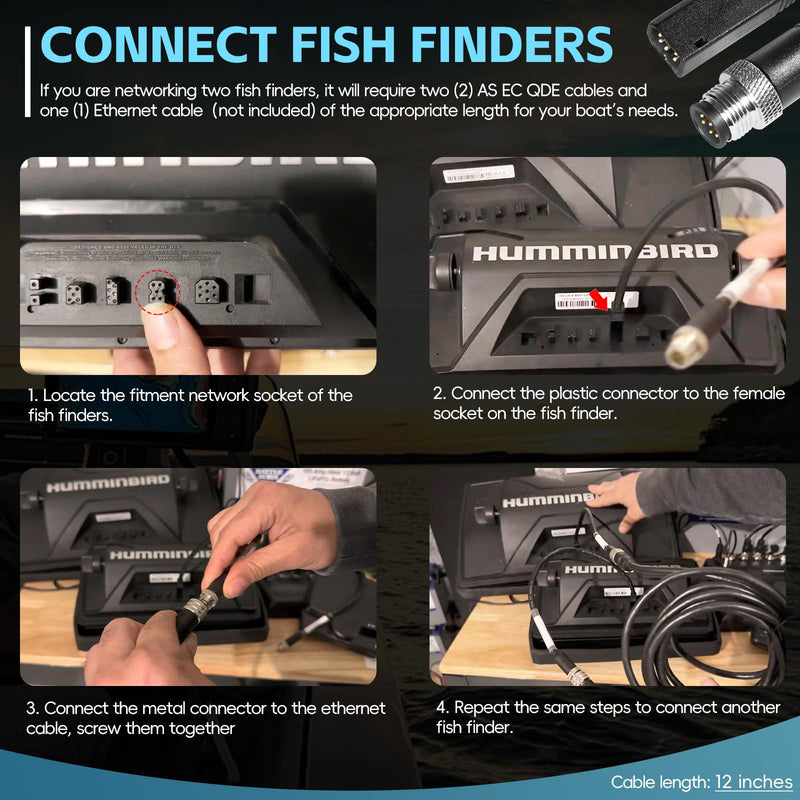 Sunluway 720074-1 AS EC QDE Ethernet Adapter Cable for Humminbird Fish Finders Helix 7, Helix 8, Helix 9, Helix 10, Helix 12, and Helix 15 Models, Length 12 inches