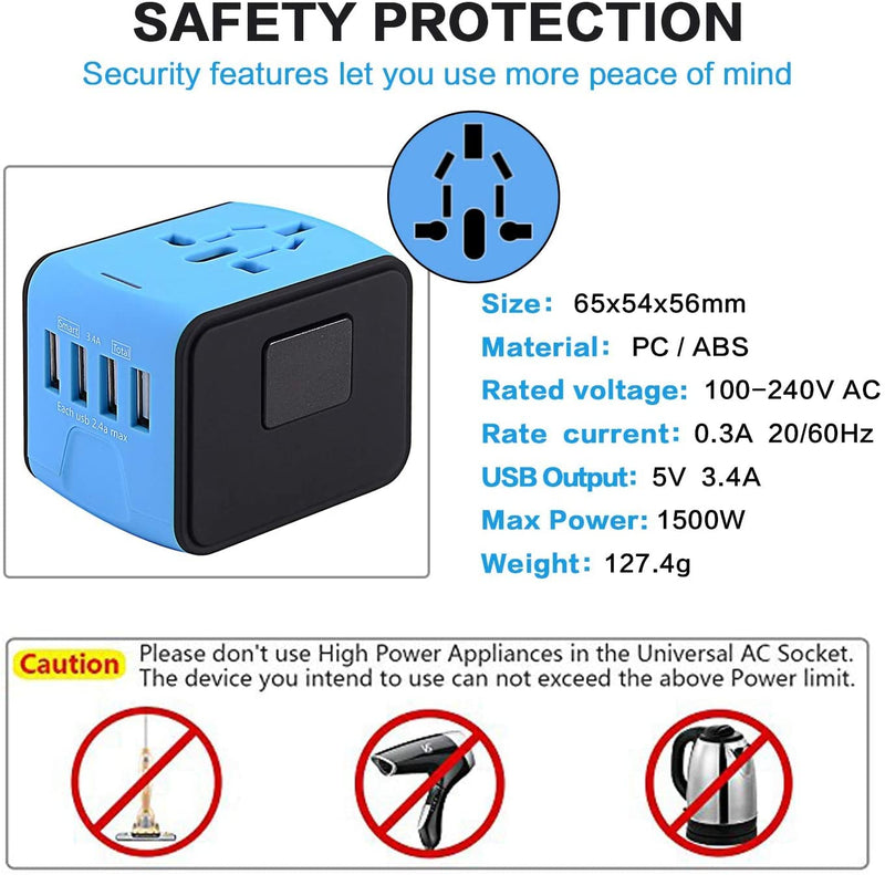 International Travel Adapter Universal Power Adapter Worldwide All in One 4 USB Perfect for European US, EU, UK, AU 160 Countries (Blue) Blue-N - NewNest Australia