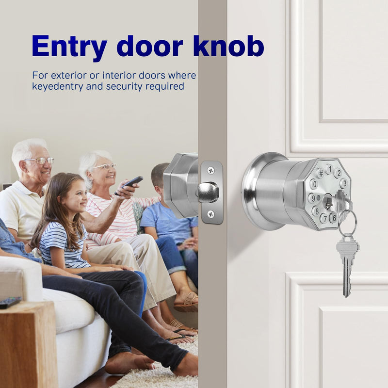 Door Knob with Keypad and Key, Keyless Entry Door Lock,Smart Digital Knob Unlock by Passcode/Keys/USB backuplock,Electronic Door Knob for Home Bedroom Apartment Garage Office Security,Brushed Nickel 1 Pack Satin Nickel