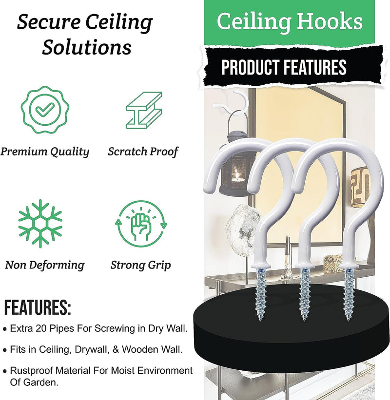 12 Pcs Ceiling Hooks for Hanging Plants - 2.9 inches Plant Hooks Heavy Duty,Hanging Hooks for Cups,Lights and Utensils -White Vinyl Coated Screw in Plant Hanging Hook Indoor and Outdoor 12Pcs 2.9 Inches White