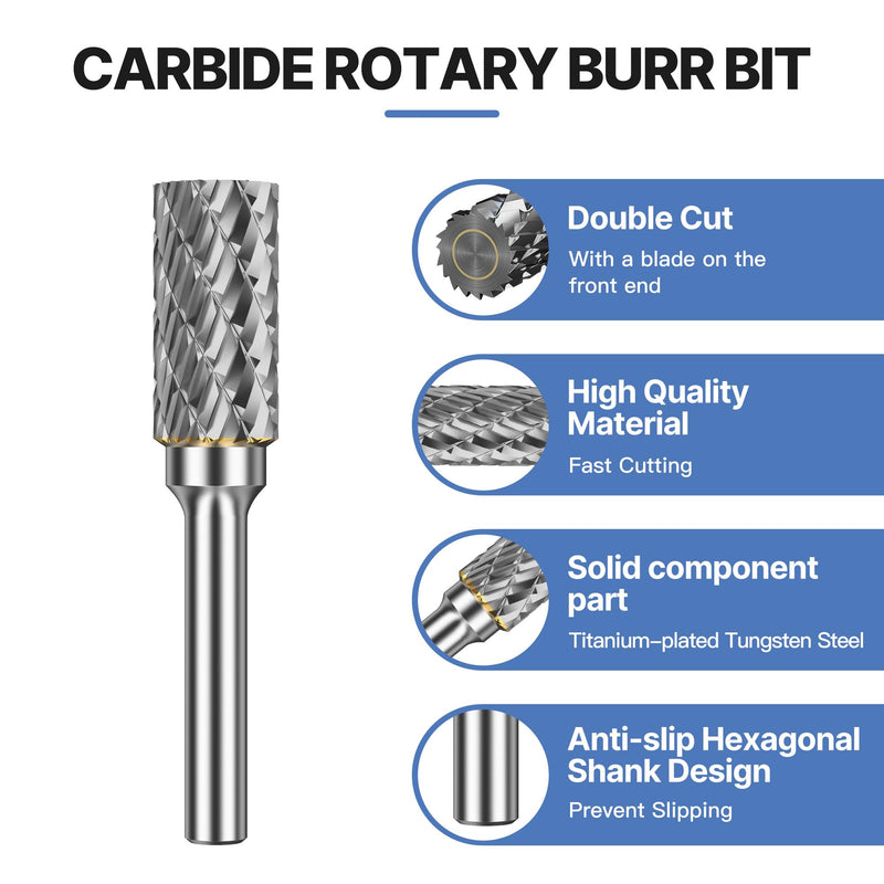 HUHAO Carbide Rotary Burr Set for Dremel, 6PCS Carbide Double Cut Carving Burr Bits with 1/4" Shank Rotary Tool Accessories for Woodworking, Engraving, Drilling, Steel Metal Working 6pc-C Silver