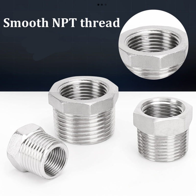 2 Pcs Reducer Hex Bushing, 304 Stainless Steel 1" Male NPT to 3/4" Female NPT（ 1"MNPT - 3/4"FNPT） Pipe Fitting Hex Bushing, Heavy Duty Pipe Fitting Reducer Adapter 1" - 3/4"